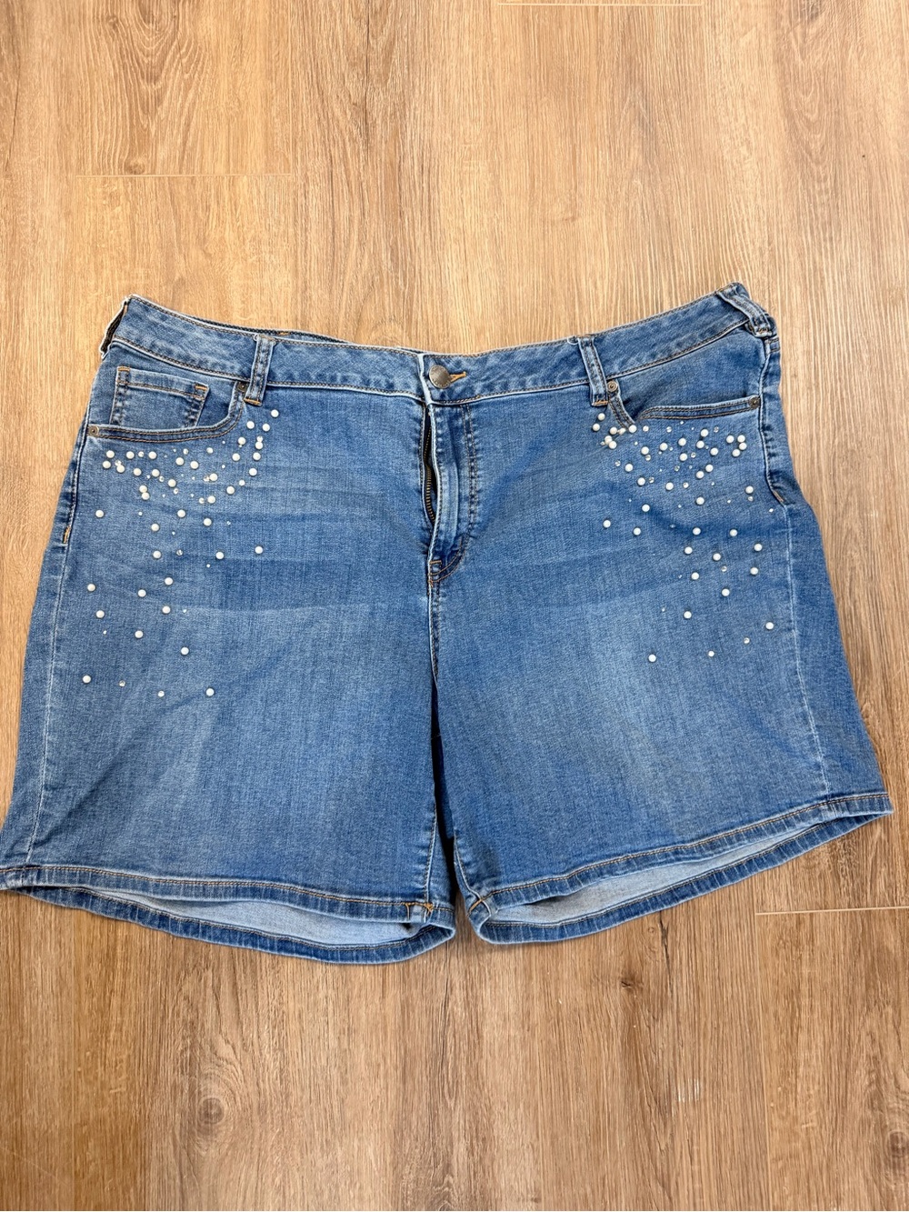 Blue Denim Pearl-Embellished Women's Shorts